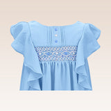 Juliette Girls Blue Tunic Dress with Smocking and Embroidery Details