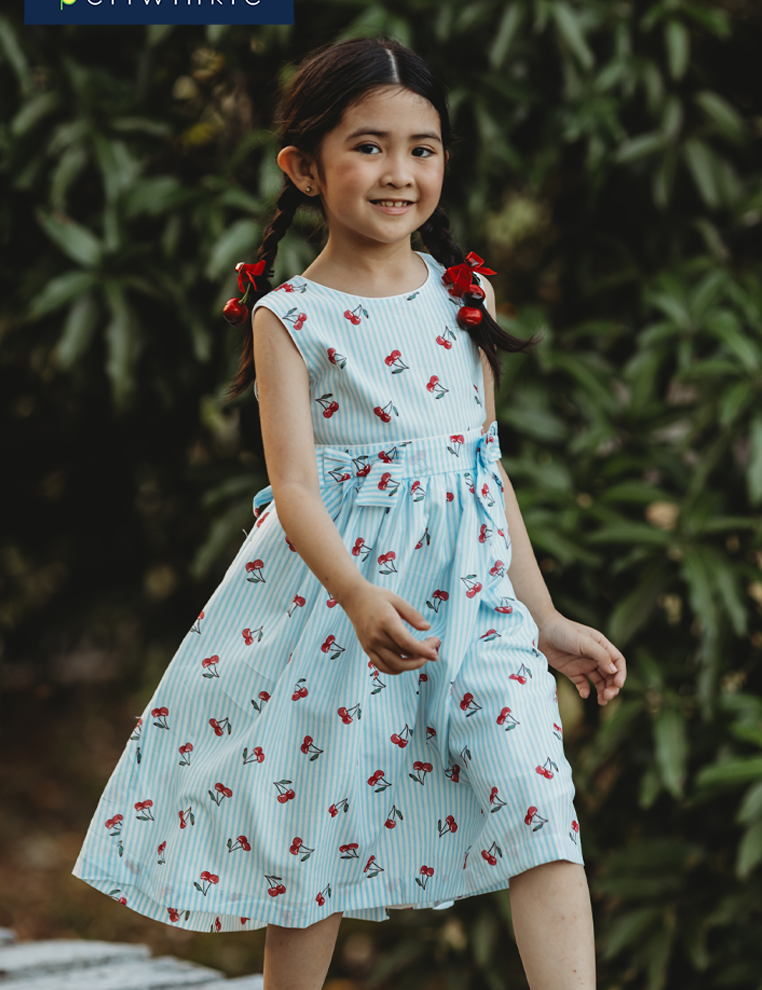 Gretche Girls Light Blue Cherry Print Dress with Bow Details at Front