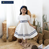 Desiree Girls White Striped Woven with Contrast Ribbon Details Dress