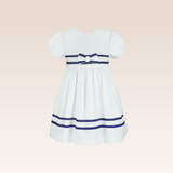 Desiree Girls White Striped Woven with Contrast Ribbon Details Dress