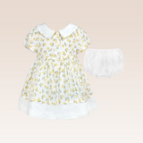 Luna Baby Girls Yellow Printed Dress with Ribbon Tie at Back