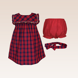 Olive Baby Girls Red Plaid Smocked Dress with Diaper Cover and Headband